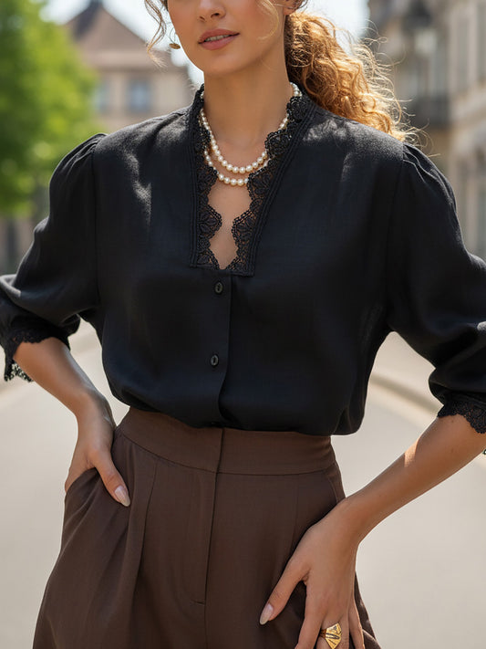 Chemise en lin, manches courtes, col en V, unie, dentelle, vintage français, noire