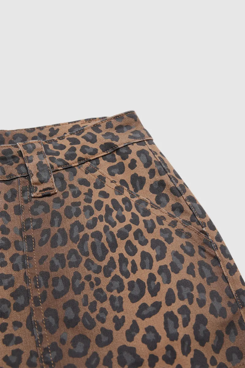 Leopard Print Flap Pocket High Waist Tapered Cargo Crop Pants Without Belt