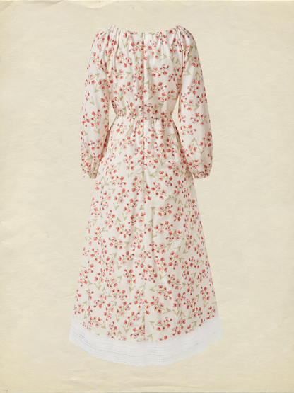 Robe longue élégante coupe classique à manches longues en coton et lin à motif floral, rose