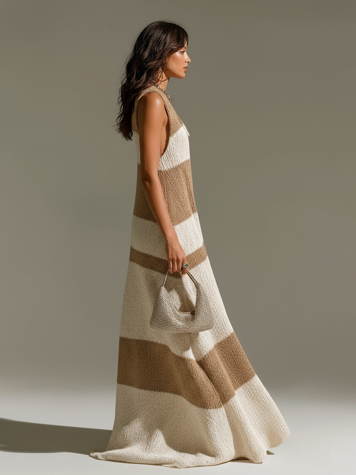 Chic Casual Camel-Beige Stripes U-Neck Sleeveless Oversize A-Line Knit Maxi Dress