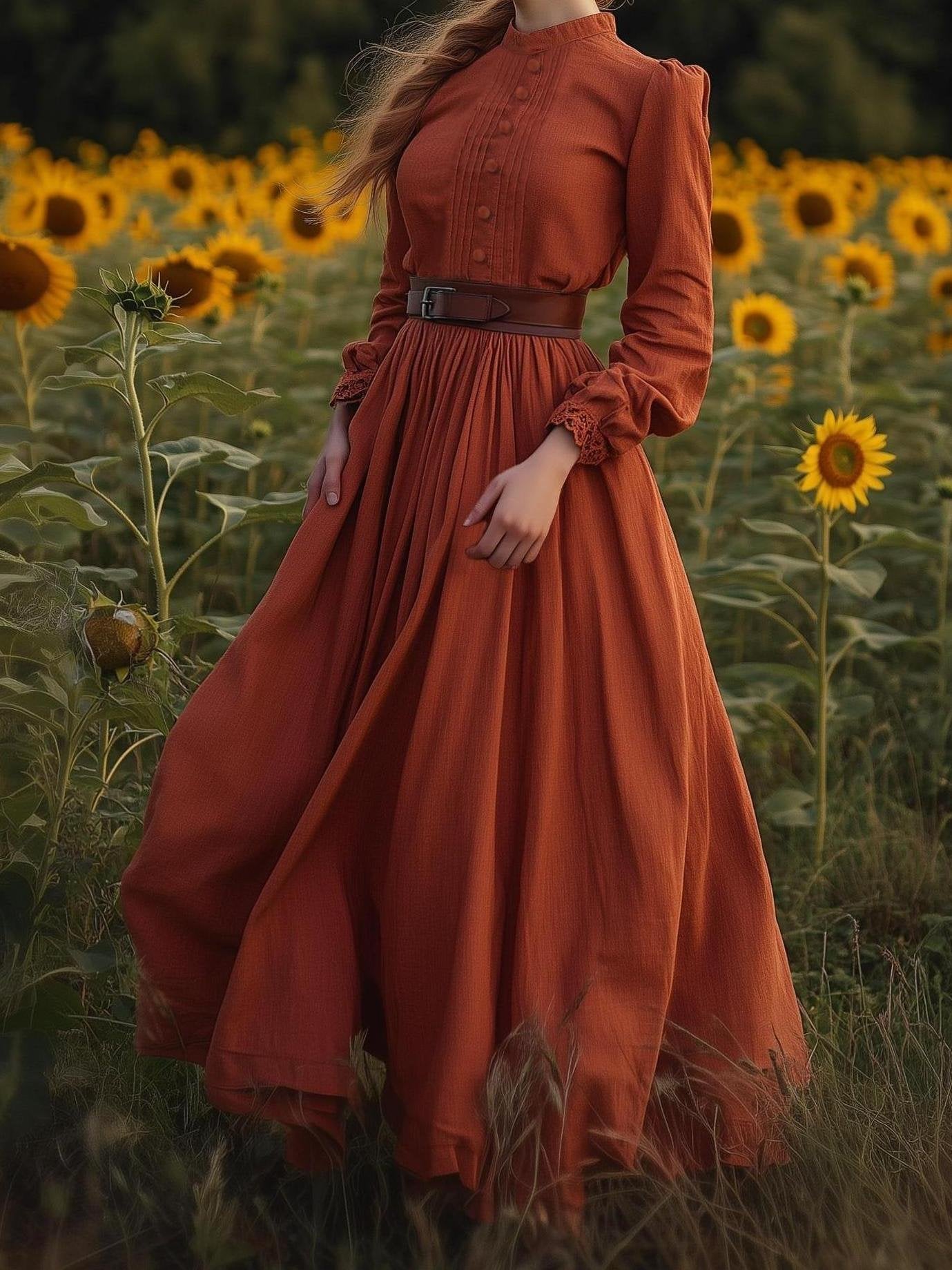 Robe longue en lin, manches longues, col montant, robe chemise, mélange de lin, orange