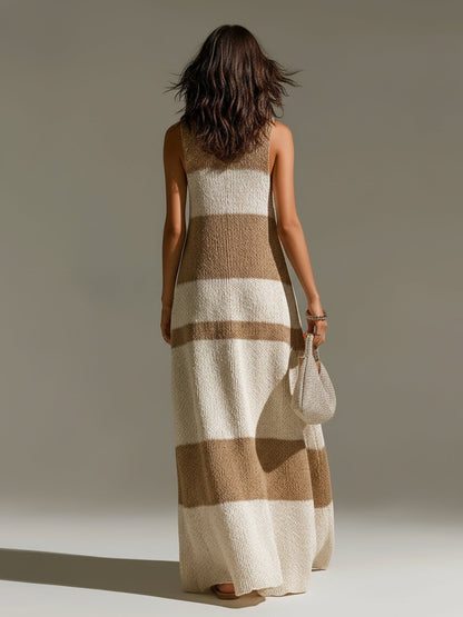 Chic Casual Camel-Beige Stripes U-Neck Sleeveless Oversize A-Line Knit Maxi Dress