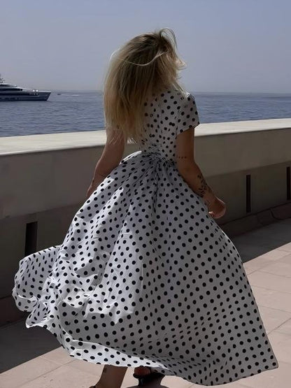 Robe longue en coton, manches courtes, col châle, à pois, vintage, blanche