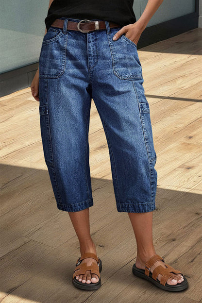 Wash Pocket Side Mid Waist Barrel Leg Capri Jeans Without Belt
