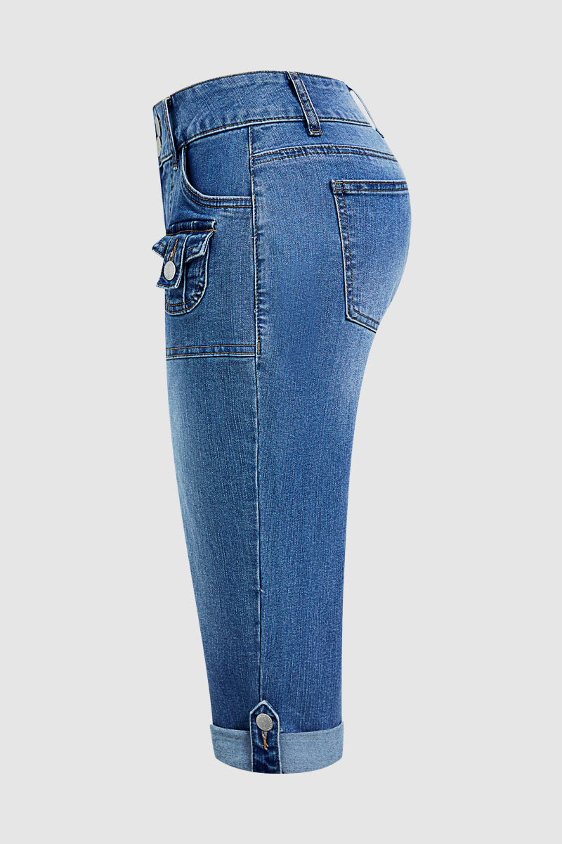 Seam Front Roll Hem Patch Pocket Mid Rise Straight Leg Capri Jeans