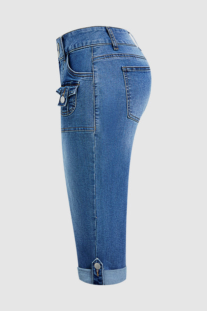 Seam Front Roll Hem Patch Pocket Mid Rise Straight Leg Capri Jeans