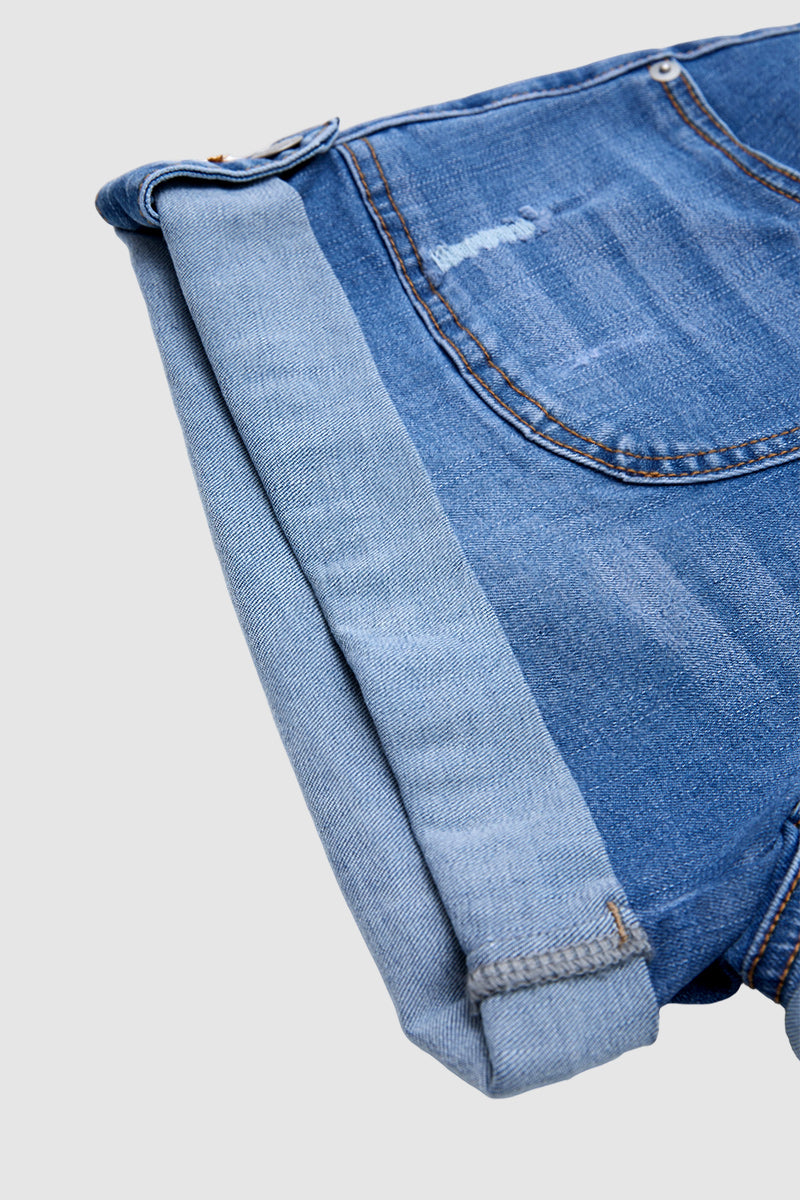 Roll Hem Button Tab Ripped Mid Waist Denim Shorts