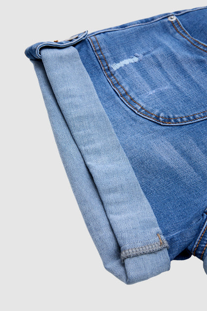 Roll Hem Button Tab Ripped Mid Waist Denim Shorts