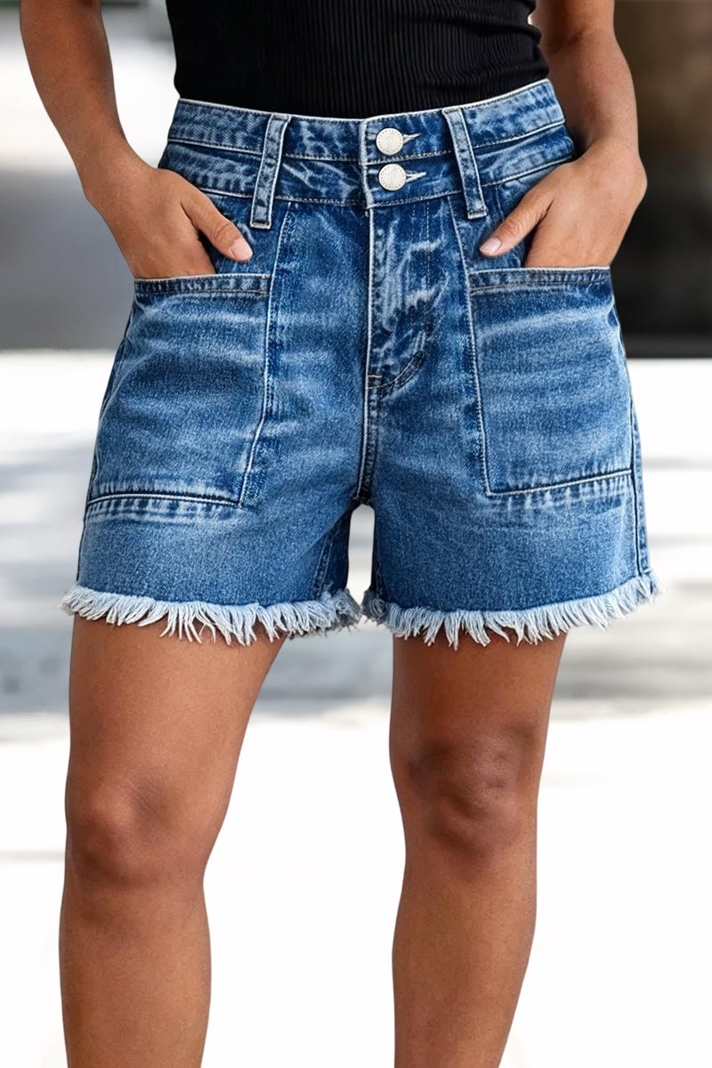 Wash Raw Hem Patched Pocket High Waist Denim Mid Thigh Shorts