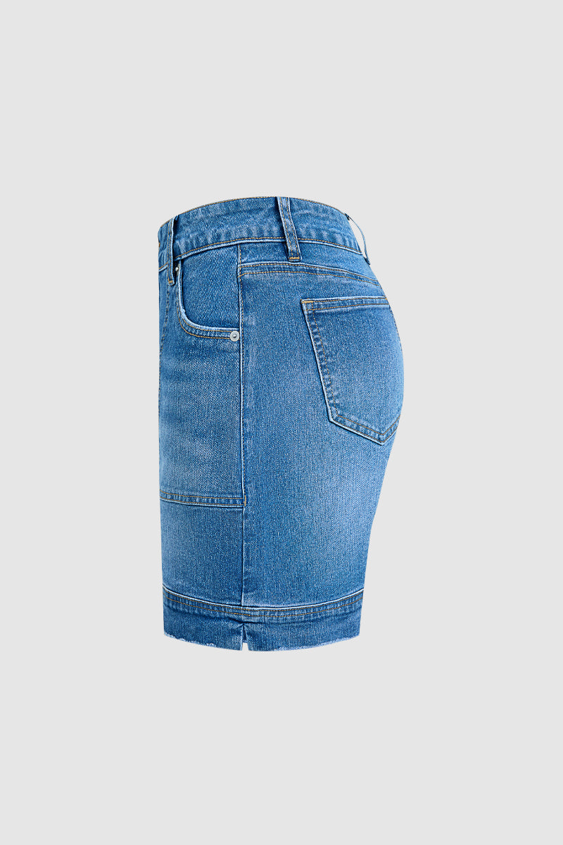 Wash Split Mid Waist Denim Mid Thigh Shorts Without Belt