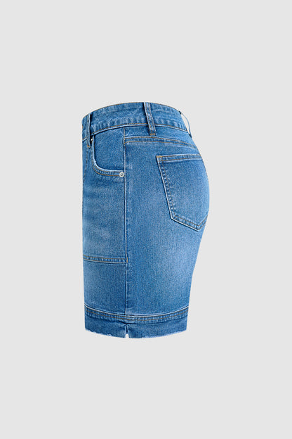 Wash Split Mid Waist Denim Mid Thigh Shorts Without Belt
