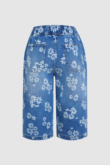 Floral Print Drawstring Mid Waist Denim Bermuda Shorts