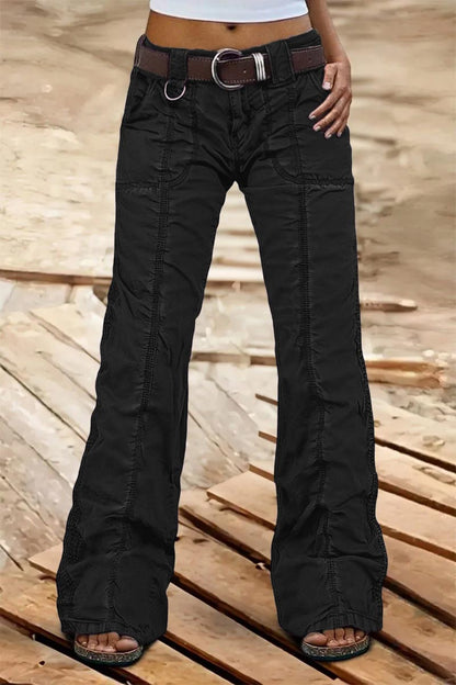 Solid Stitch Detail Mid Rise Straight Leg Cargo Pants Without Belt