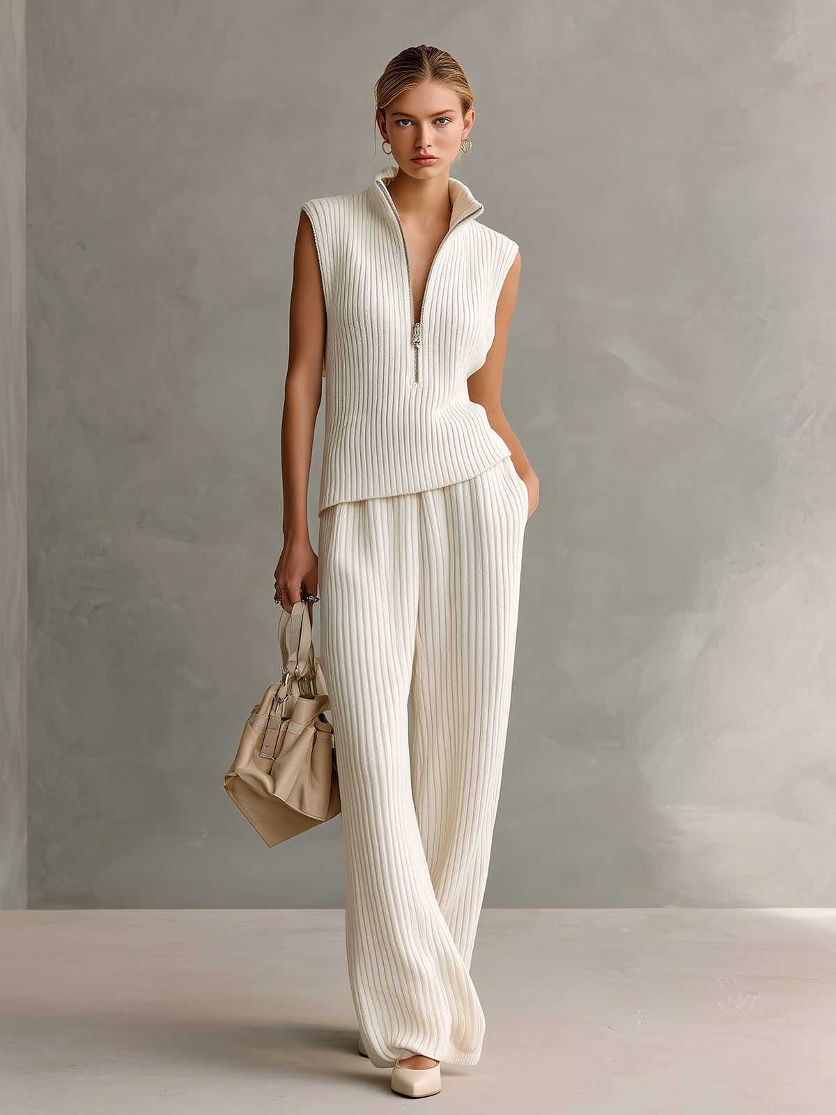 Chic Elegant Cream White Zipper-Up Stand Collar Sleeveless Tank Top And Wide-Leg Pants Ribbed Knit Two-Piece Set