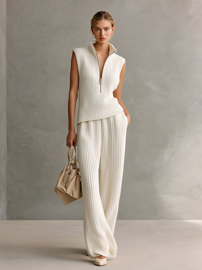 Chic Elegant Cream White Zipper-Up Stand Collar Sleeveless Tank Top And Wide-Leg Pants Ribbed Knit Two-Piece Set