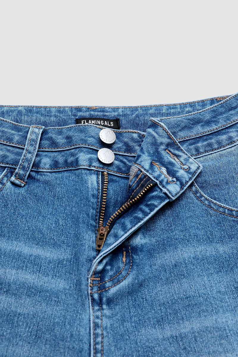 Wash Raw Hem Dual Button Mid Waist Denim Mid Thigh Shorts