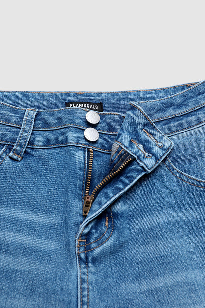 Wash Raw Hem Dual Button Mid Waist Denim Mid Thigh Shorts