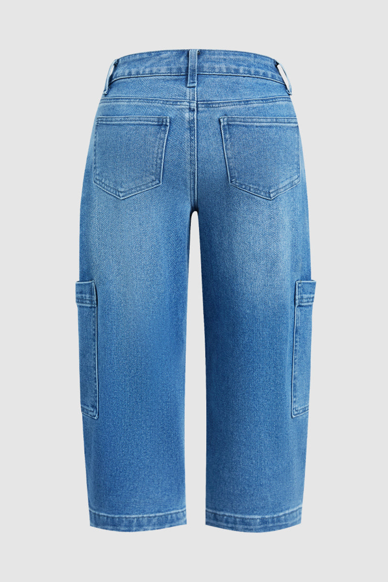 Wash Pocket Side Mid Waist Barrel Leg Capri Jeans Without Belt