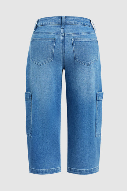 Wash Pocket Side Mid Waist Barrel Leg Capri Jeans Without Belt
