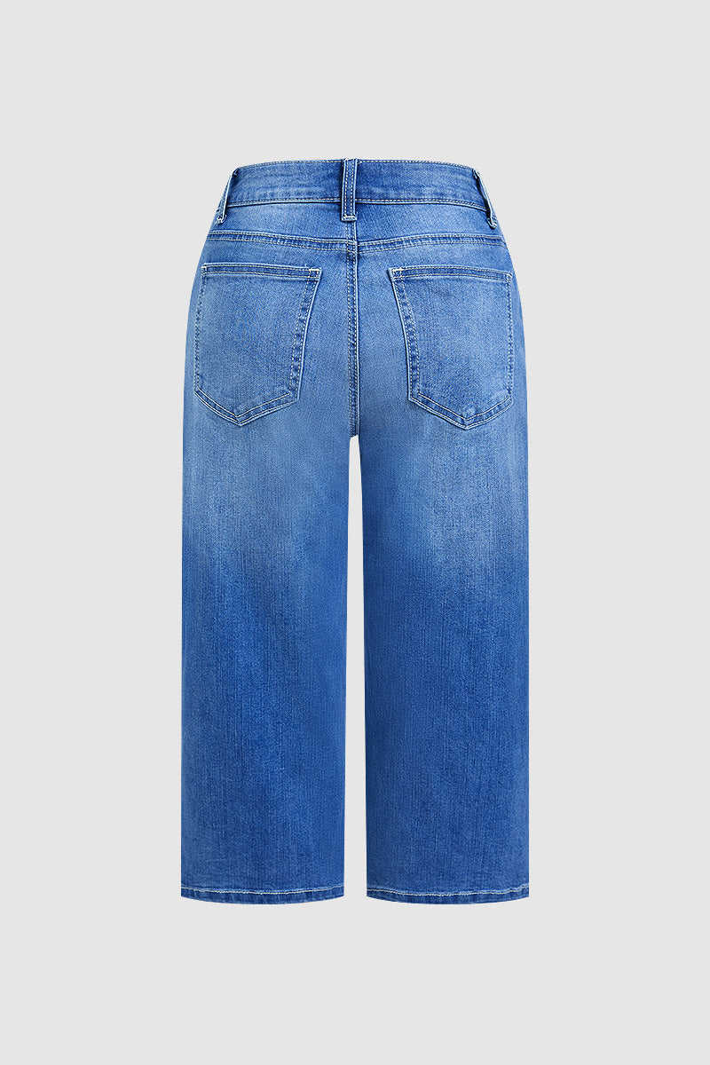 Wash Stitch Detail Mid Waist Straight Leg Capri Jeans Without Belt