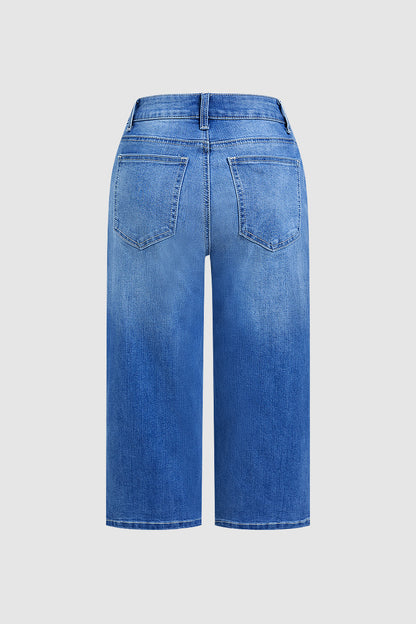 Wash Stitch Detail Mid Waist Straight Leg Capri Jeans Without Belt
