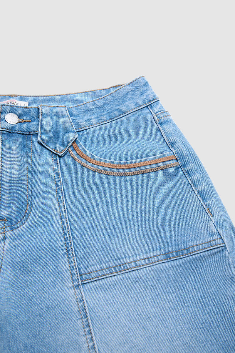 Stitch Detail Mid Waist Wide Leg Jeans Without Belt