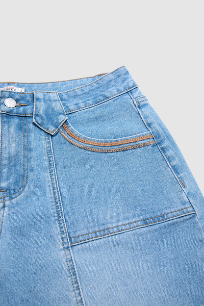 Stitch Detail Mid Waist Wide Leg Jeans Without Belt