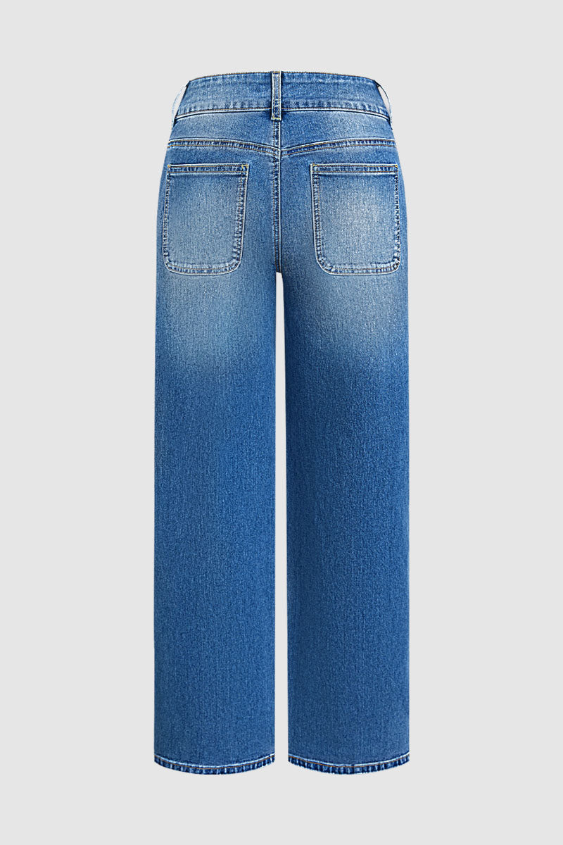 Stitch Detail Button Tab Wide Leg Mid Waist Jeans