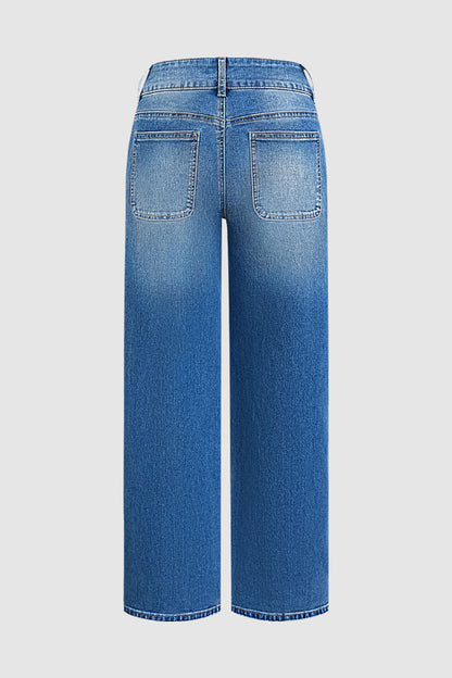 Stitch Detail Button Tab Wide Leg Mid Waist Jeans