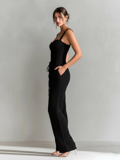 Chic Elegant Black Square Neck Sleeveless Lace-Up Details Tailored Waist Wide-Leg Ribbed Knit Jumpsuit