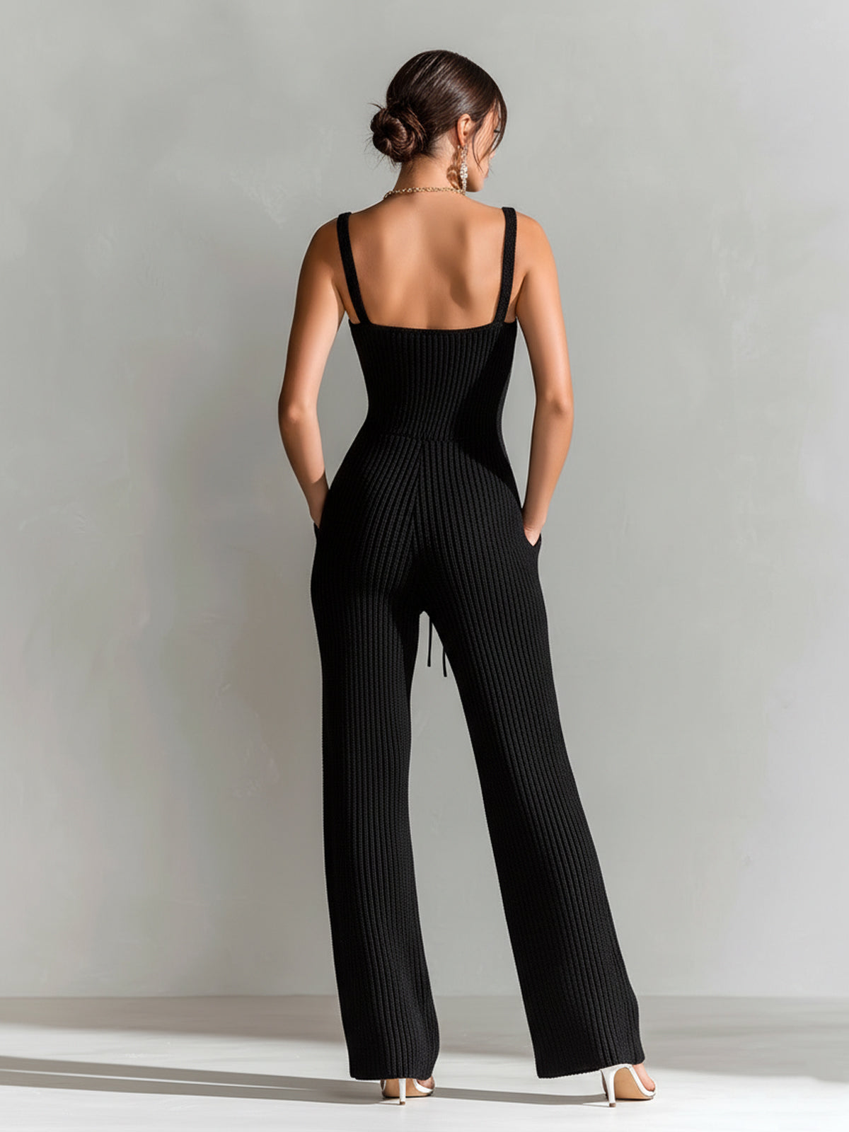 Chic Elegant Black Square Neck Sleeveless Lace-Up Details Tailored Waist Wide-Leg Ribbed Knit Jumpsuit