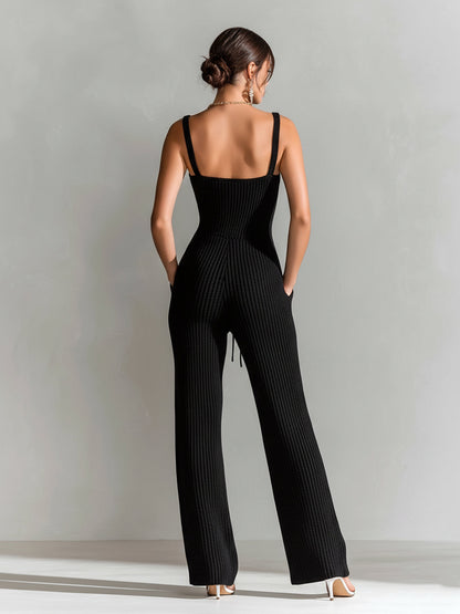 Chic Elegant Black Square Neck Sleeveless Lace-Up Details Tailored Waist Wide-Leg Ribbed Knit Jumpsuit