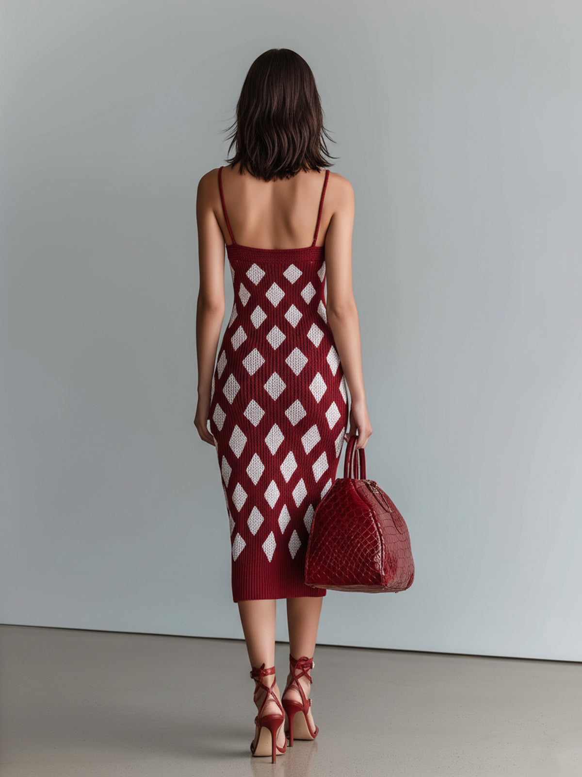 Chic Elegant Burgundy-White Argyle Jacquard V-Neck Sleeveless Slim-Fit Ribbed Knit Bodycon Midi Dress