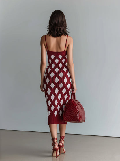 Chic Elegant Burgundy-White Argyle Jacquard V-Neck Sleeveless Slim-Fit Ribbed Knit Bodycon Midi Dress