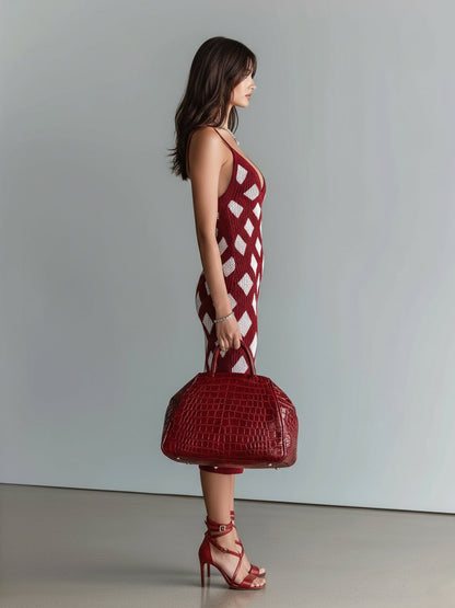 Chic Elegant Burgundy-White Argyle Jacquard V-Neck Sleeveless Slim-Fit Ribbed Knit Bodycon Midi Dress