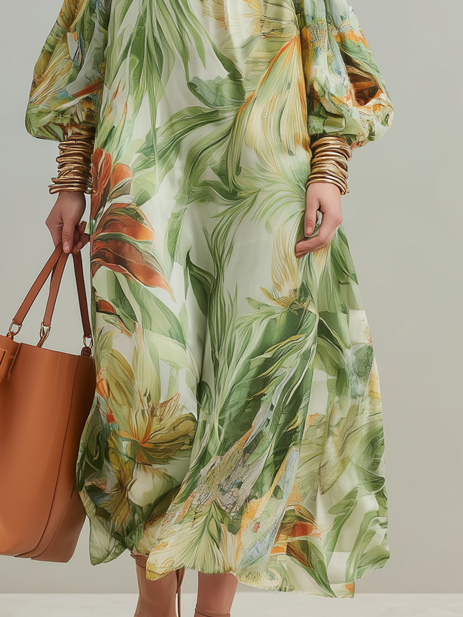 Robe longue à épaules dénudées imprimé végétal Statement