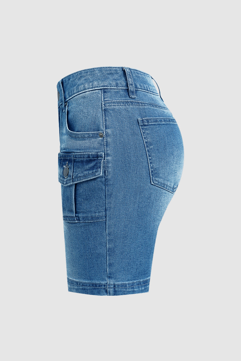 Wash Flap Pocket Mid Rise Mid Thigh Denim Shorts Without Belt