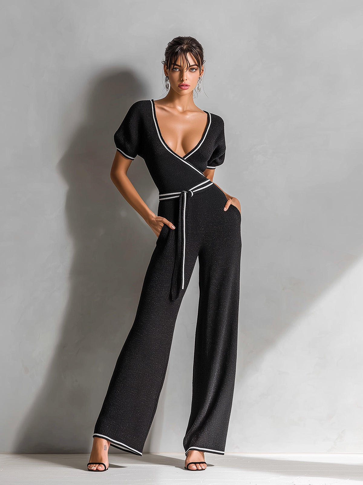 Chic Elegant Black Deep V-Neck Short Sleeve Contrast Trim Cross-Front Slim-Fit Wide-Leg Ribbed Knit Jumpsuit