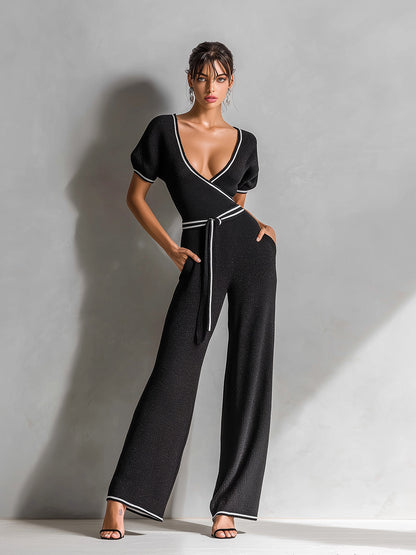 Chic Elegant Black Deep V-Neck Short Sleeve Contrast Trim Cross-Front Slim-Fit Wide-Leg Ribbed Knit Jumpsuit