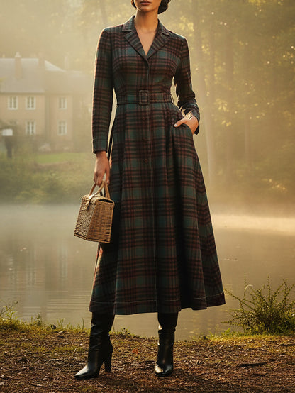 Manteau en Laine, Manches Longues, Col Revers, Carreaux, Ceinturé, Vintage, Cramoisi