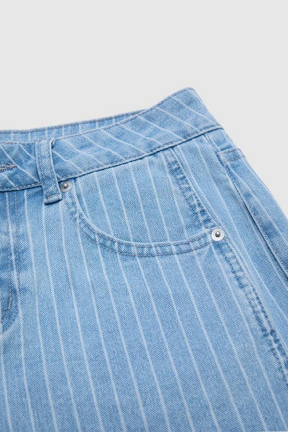 Striped Roll Hem Seam Front Mid Rise Straight Leg Crop Jeans Without Belt