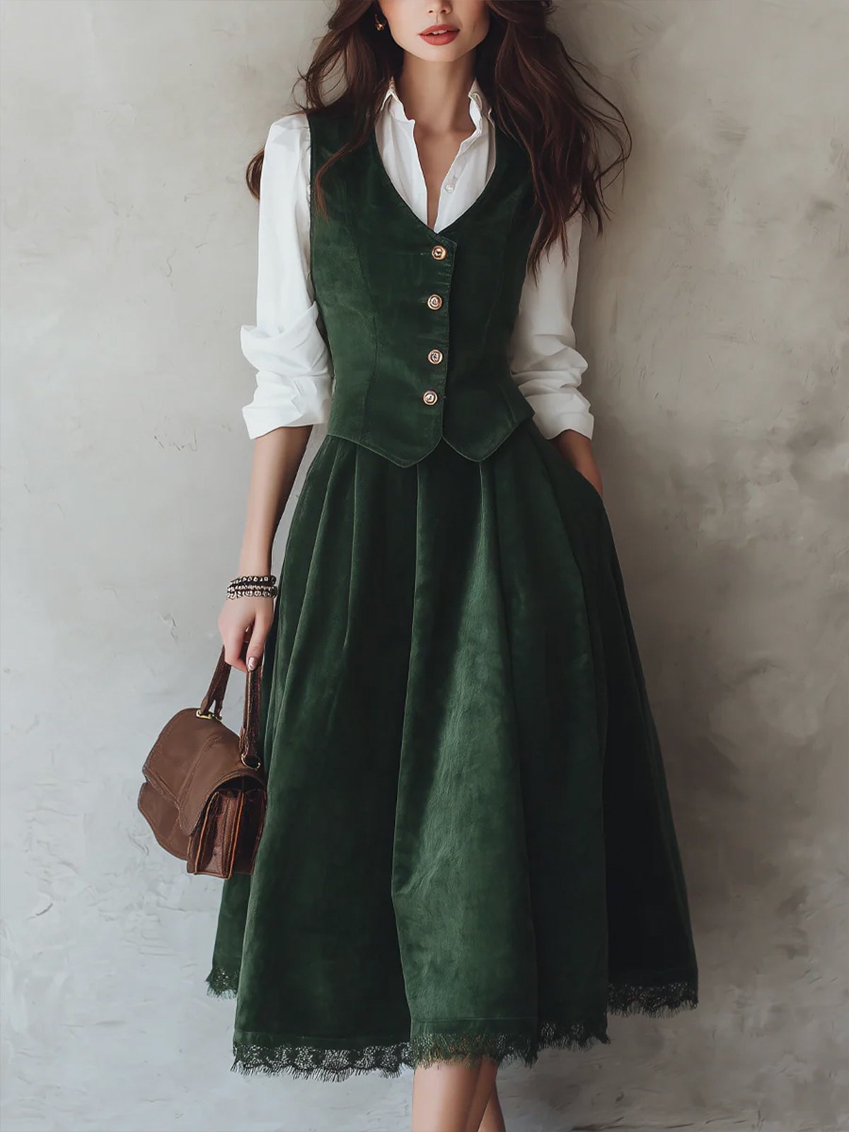 Jupe midi en coton (chemise et gilet non inclus), unie, avec poches, style vintage, verte