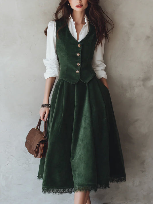 Jupe midi en coton (chemise et gilet non inclus), unie, avec poches, style vintage, verte