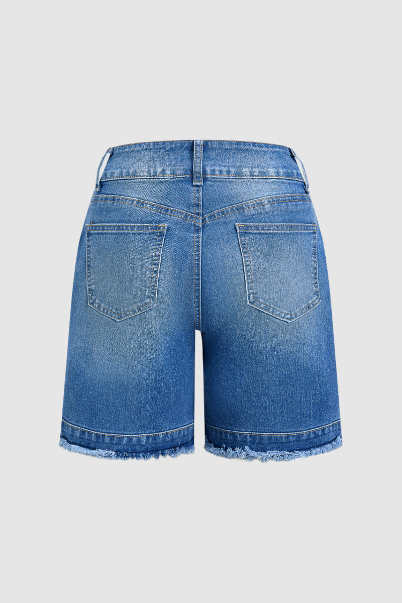 Wash Raw Hem Dual Button Mid Rise Mid Thigh Denim Shorts