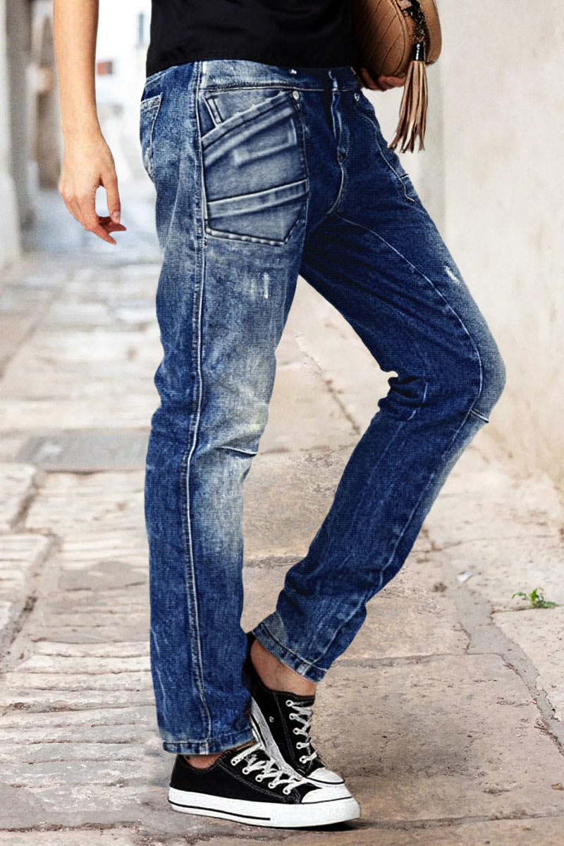 Wash Stitch Detail Flap Pocket High Waist Straight Leg Jeans