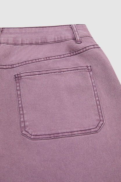Stitch Detail Side Pocket Mid Waist Straight Leg Capri Pants Without Belt
