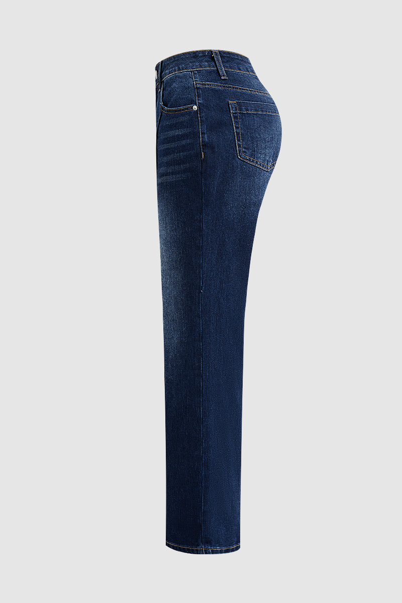 Wash Seam Front Mid Rise Straight Leg Jeans