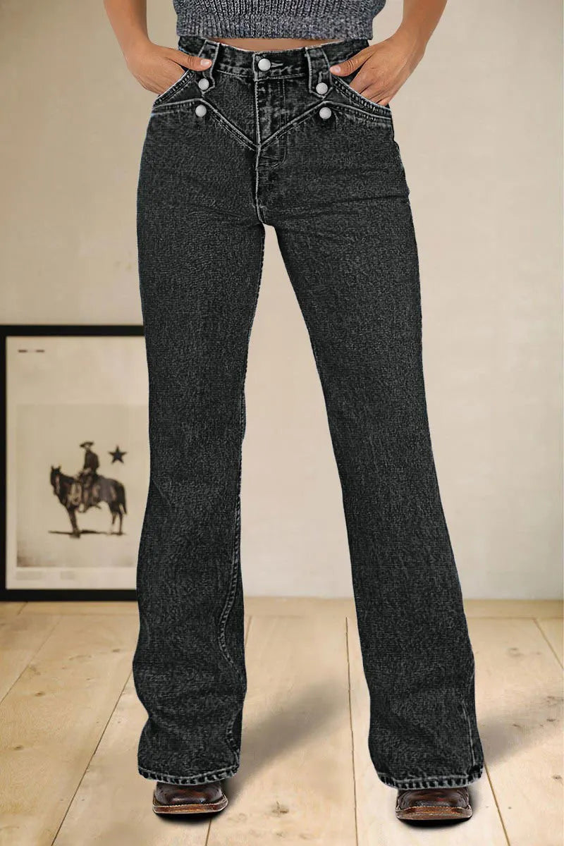 Wash Button Decor High Rise Bootcut Jeans