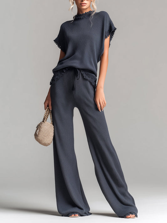 Chic Elegant Dark Gray Round Neck Short-Sleeve Loose-Fit Sweater Wide-Leg Pants Lace Details Ribbed Knit Two-Piece Set