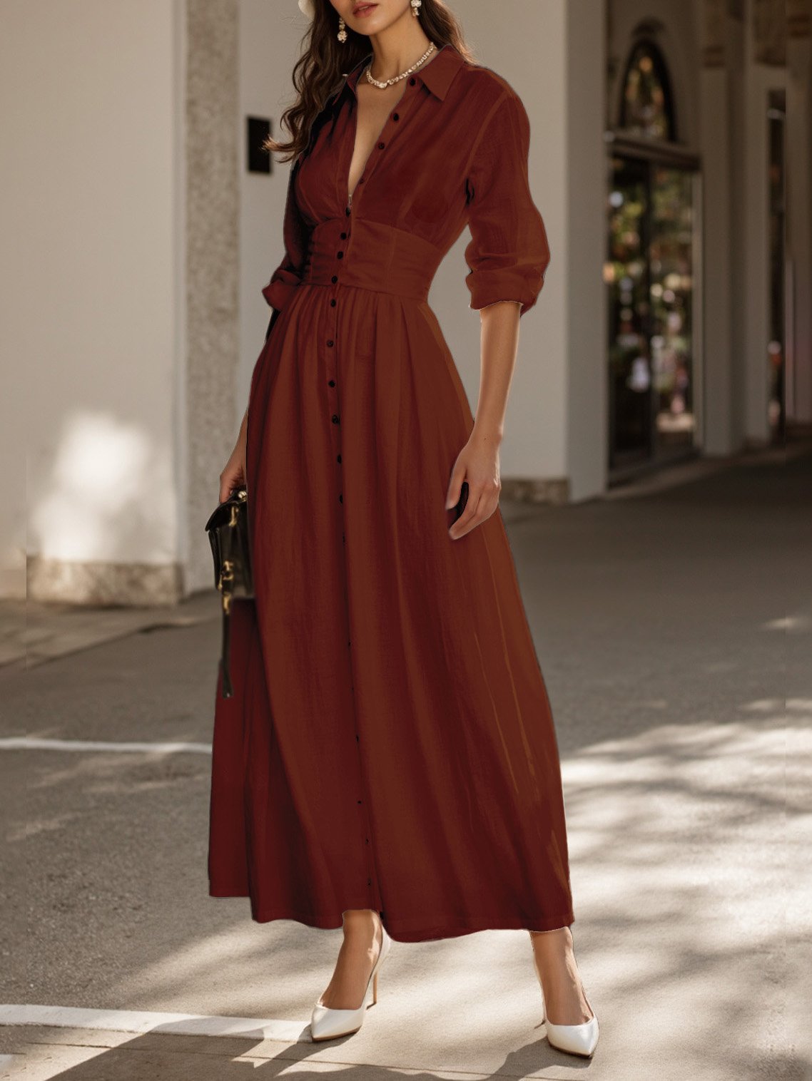 Robe longue en coton, Manches longues, Col châle, Unie, Boutonnée, Vintage, Rouge brique
